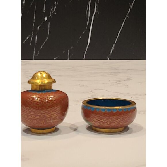 Cloisonné Open Salt Bowl Cellar Pepper Shaker Flower Enamel Brass Stacking PINK - Picture 9 of 10